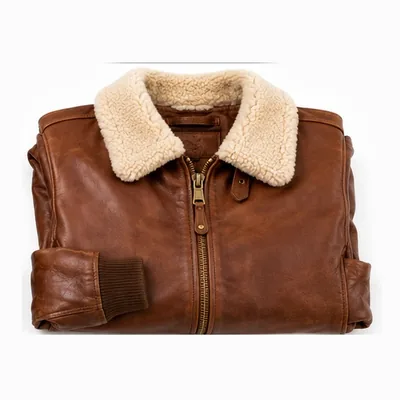 Brown leather jacket with a shearling collar