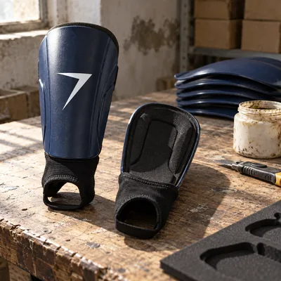 Pair of navy shin guards with a white bolt, one standing and one lying down to show the black foam backing and the ankle sleeve