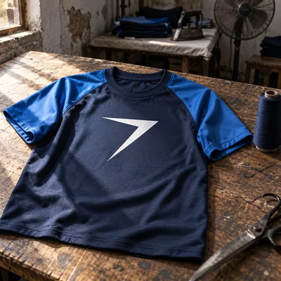 Navy shooting shirt with blue raglan sleeves and a white bolt on the chest