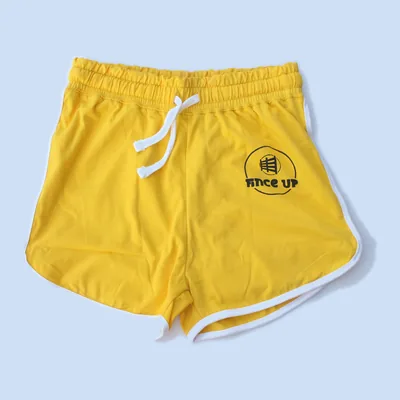 Yellow shorts with white binding and a drawcord