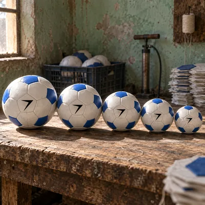 Five soccer balls in a row, from big to small, each with blue pentagons and a black bolt