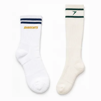 White crew sock with navy stripes