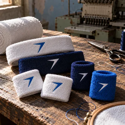 Terry headbands and wristbands in white, navy and blue on a bench, each with an embroidered bolt