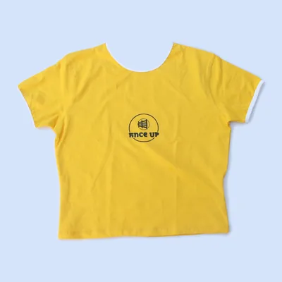 Yellow ringer tee with a small chest print
