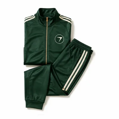 Green tracksuit with cream stripes, jacket and pants