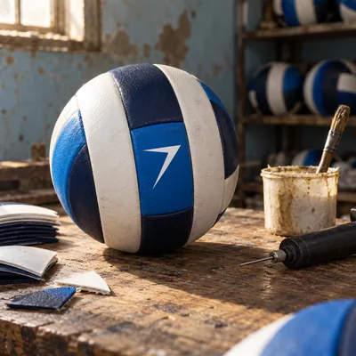 Volleyball with white, navy and blue panels and a white bolt