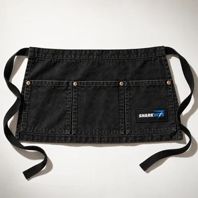 Black denim waist apron with three pockets and a woven SHARKNITS patch