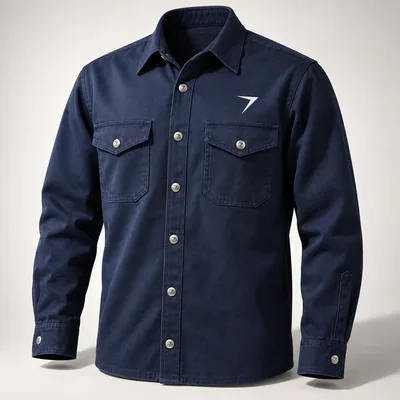 Navy long sleeve work shirt with snap pockets and a white bolt on the chest
