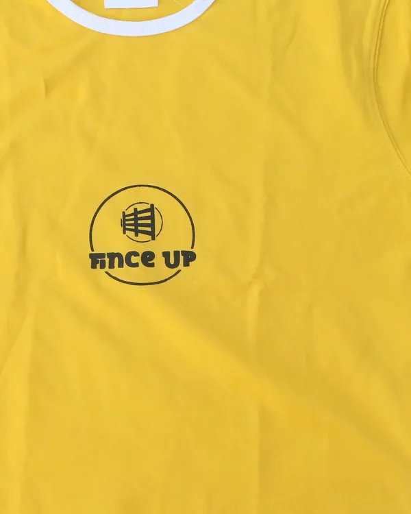 Fince Up logo printed on the chest of a yellow tee
