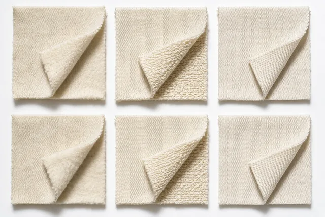 Fabric swatches in cream: fleece, French terry and jersey