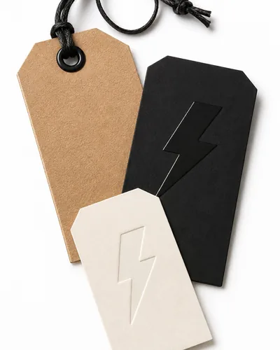 Kraft, black and cream hang tags on black cord