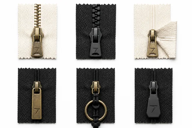 Brass and black zips with branded pullers