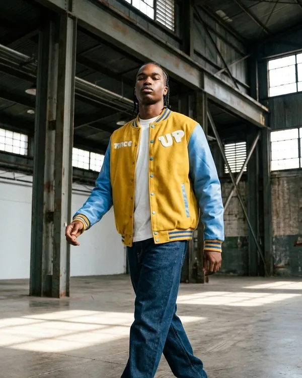Model walking in the yellow Fince Up varsity jacket