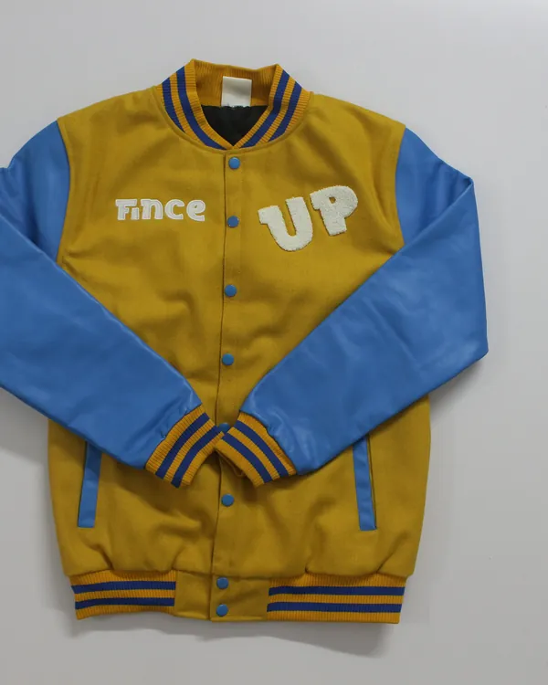 Product photo of a yellow Fince Up varsity jacket