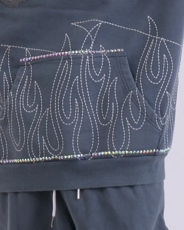 Rhinestone seams and flame topstitching