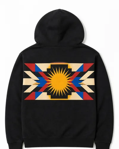 Black hoodie with a full-color graphic across the back