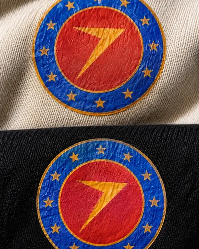 Screen printed round emblem on cream and black fabric