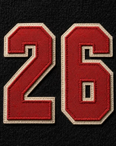 Red tackle twill number 26 stitched onto black fabric