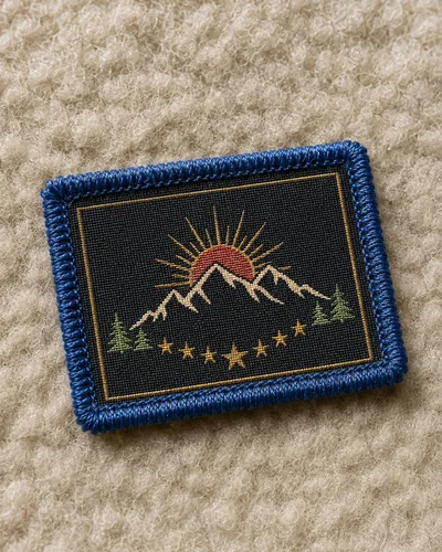 Woven mountain patch with a blue border on cream fleece