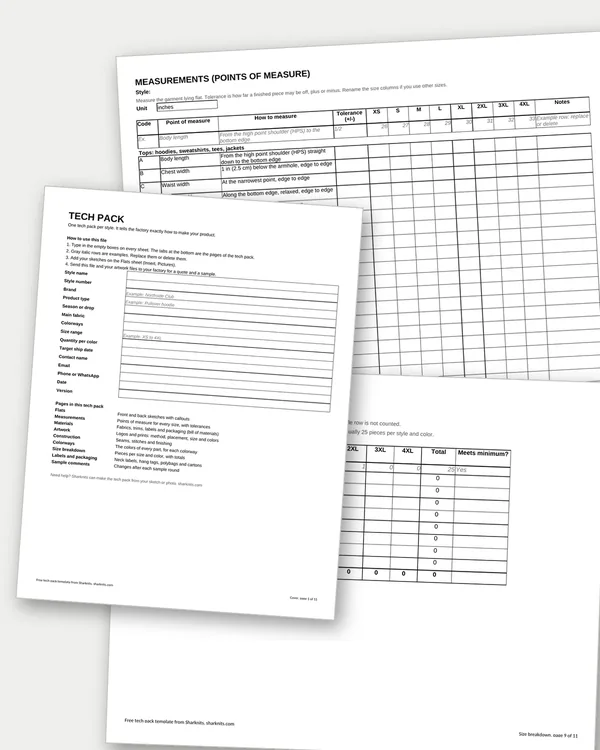Pages of the Sharknits tech pack template: cover, measurements and size breakdown
