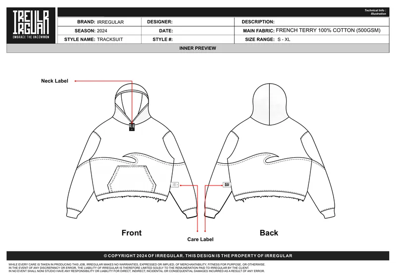 A page from the Irregular tech pack: front and back flats of the hoodie, with callouts for the neck label and care label