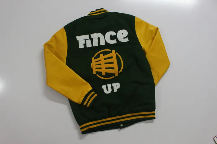 Green Fince Up varsity jacket, back