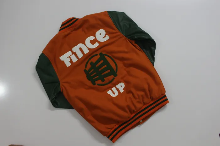Orange Fince Up varsity jacket, back