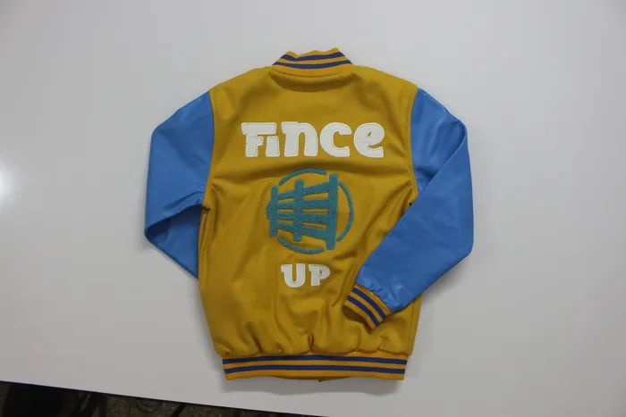 Yellow Fince Up varsity jacket, back