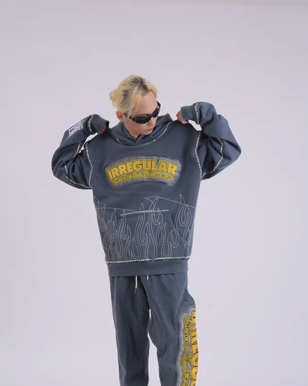 Model in the Irregular hoodie and sweatpants