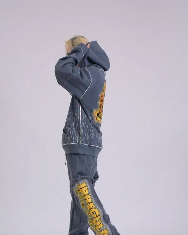 Side view with embroidered letters down the leg